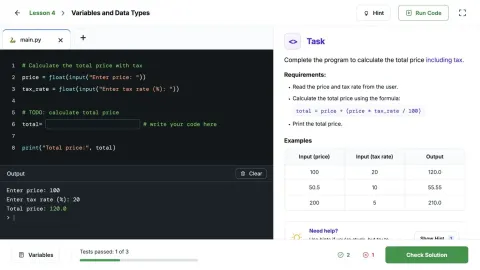 Coding lesson card: Variables and data types