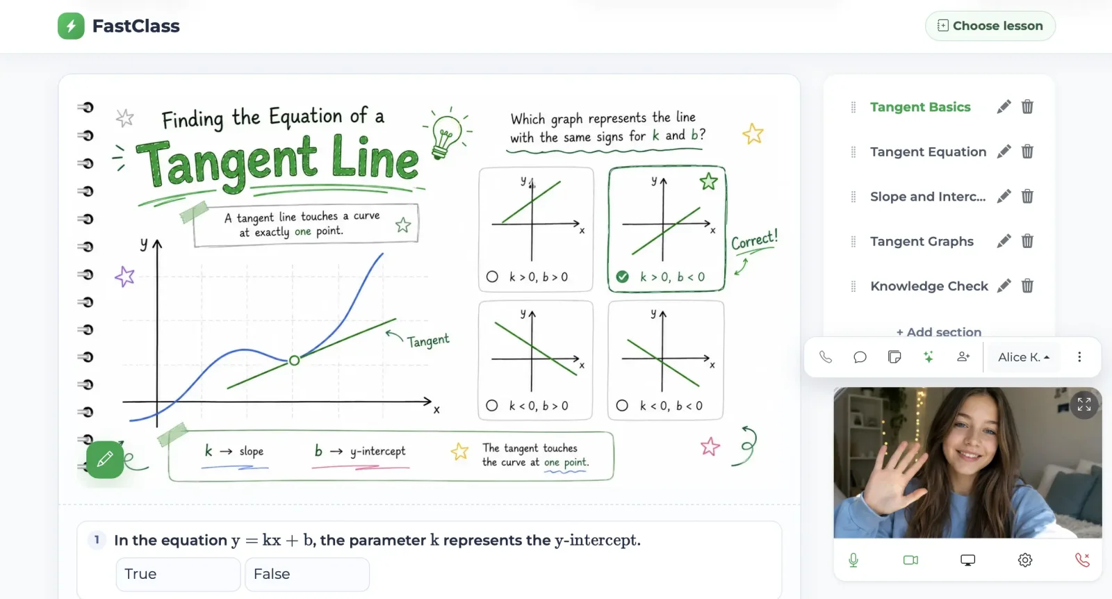 Interactive FastClass lesson with a video call and student task